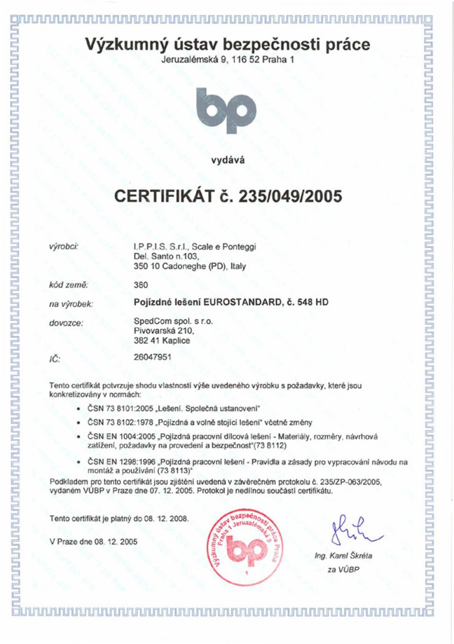 Certifikát BP 049