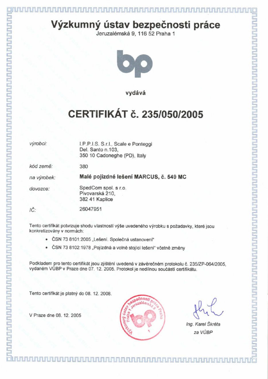Certifikát BP 050