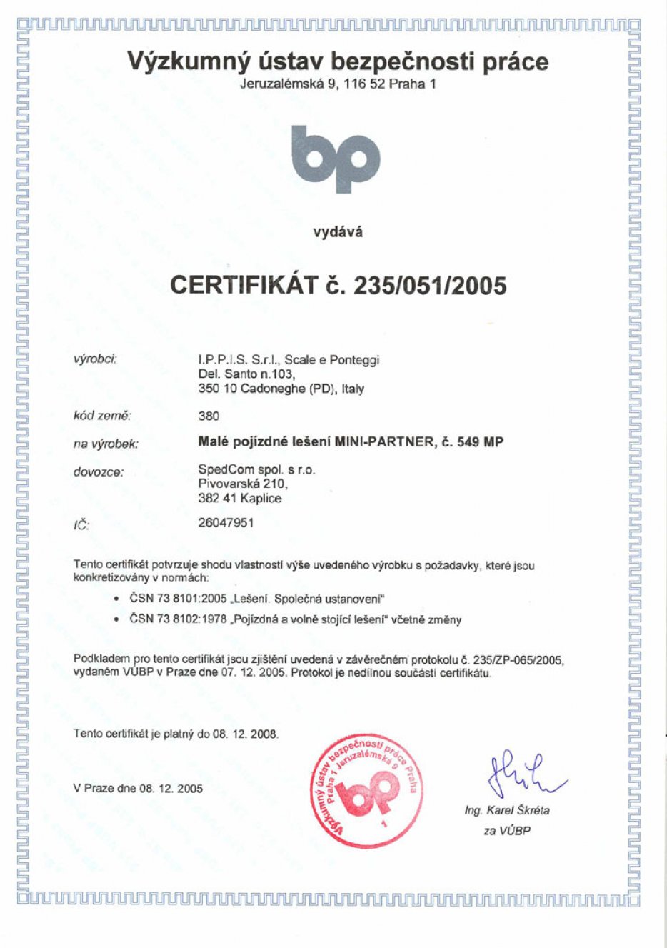 Certifikát BP 051